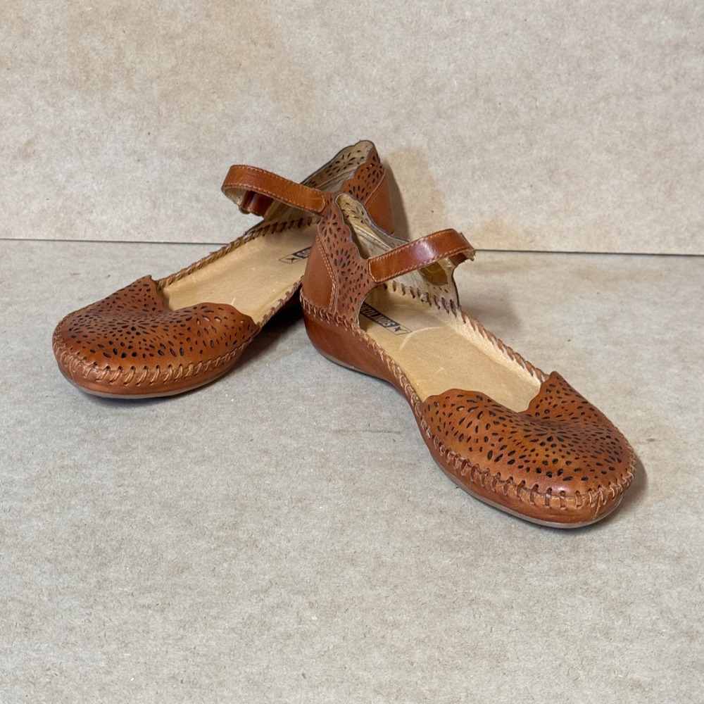 Pikolinos Mary Jane Flats Women 39 Brown Leather Perforated Boho Artisan Comfort